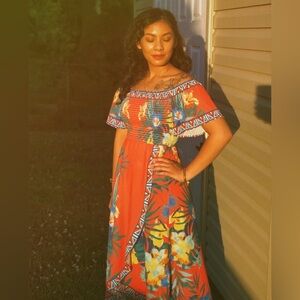 Orange Floral Maxi Dress with Tropical Print